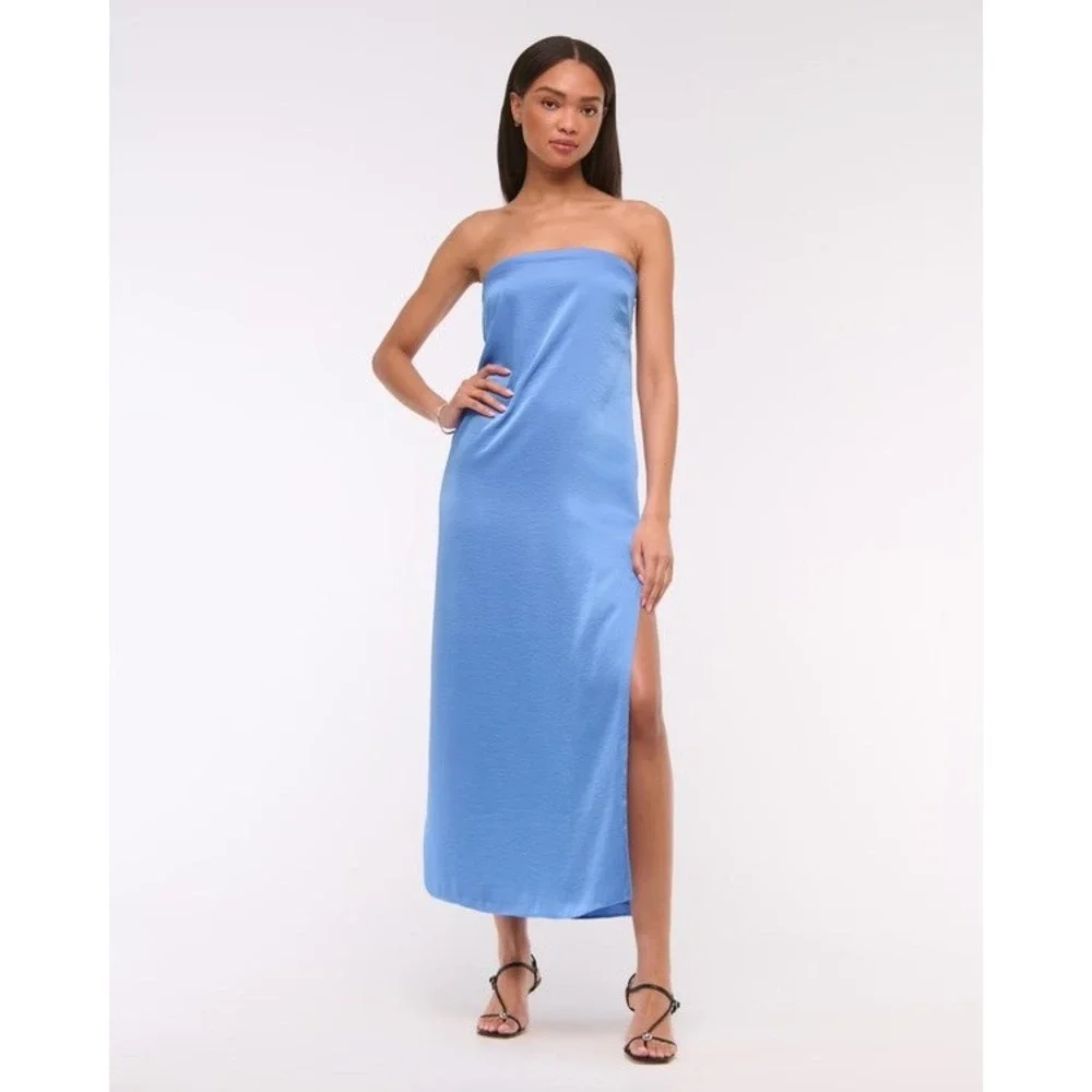 Abercrombie Blue Strapless Maxi Dress Size XL Satin Slip Tube Dress Resortwear